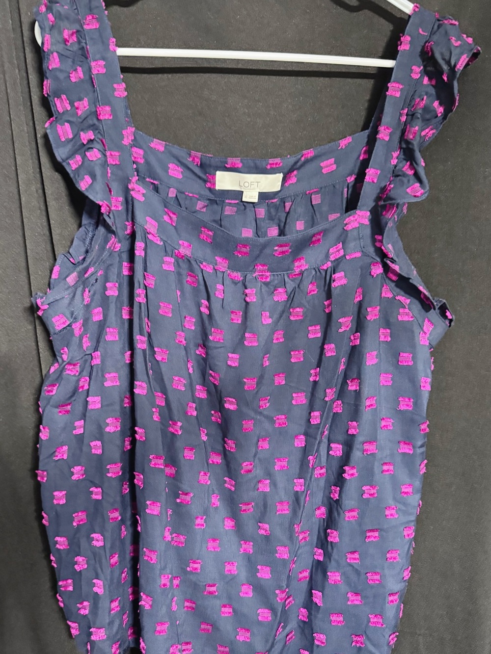 LOFT Navy Camisole with Bright Pink Embroidered Squares